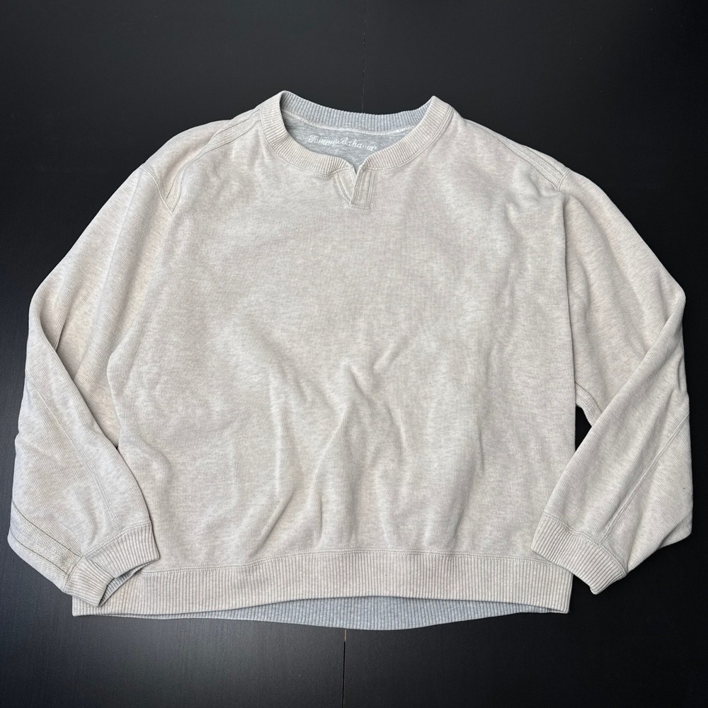 Tommy Bahama Mens Split Crew Neck Ribbed Pullover Sweatshirt Oatmeal Grey XL
